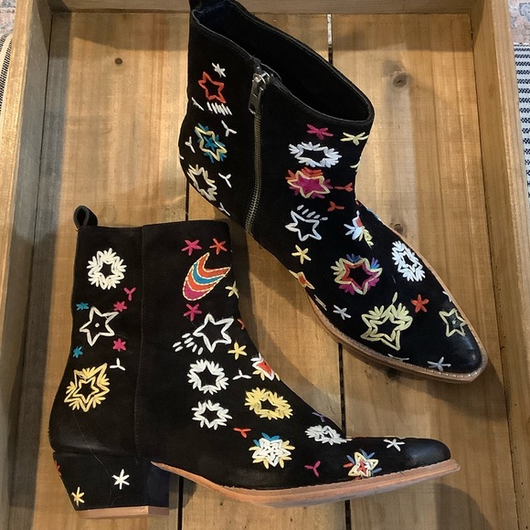 Free People Shoes - FREE PEOPLE Black Leather Suede Celestial Embroidered Heeled Ankle Boots 38.5